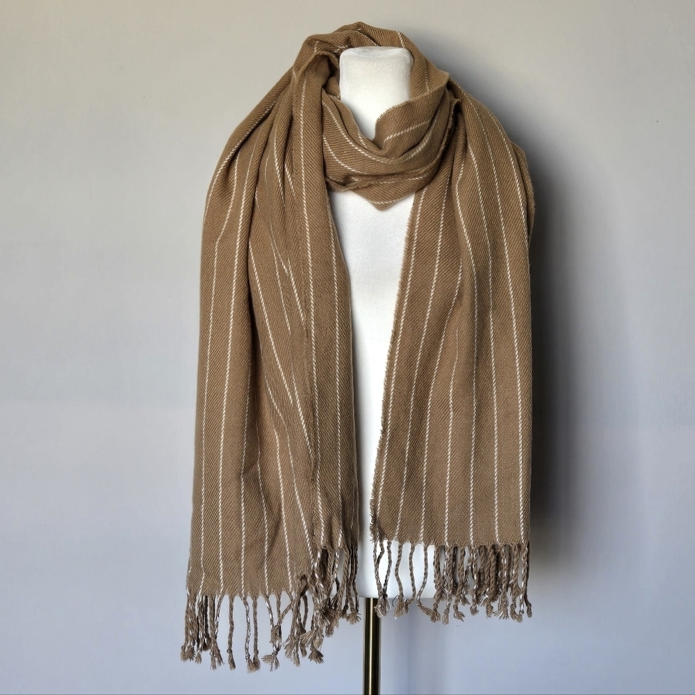 Abercrombie & Fitch Tan Super Soft Striped Boho Fringe Cozy Scarf Wrap